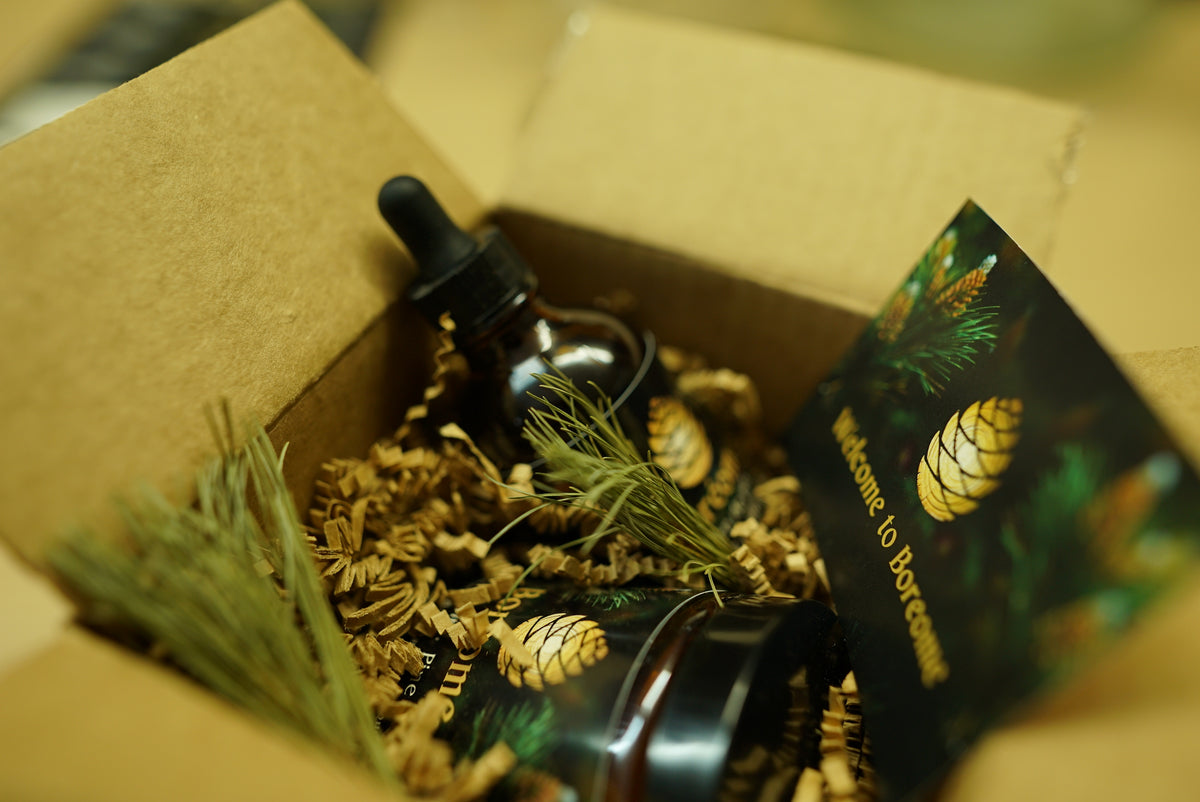 Boreome pine pollen products in a box